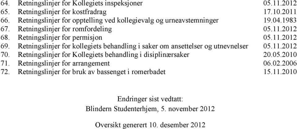 Retningslinjer for kollegiets behandling i saker om ansettelser og utnevnelser 05.11.2012 70. Retningslinjer for Kollegiets behandling i disiplinærsaker 20.05.2010 71.