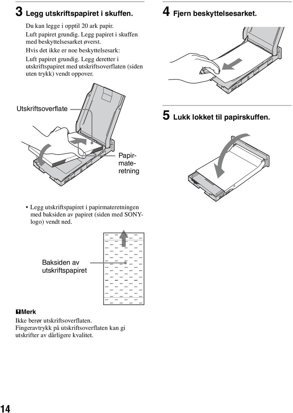 4 Fjern beskyttelsesarket. Utskriftsoverflate 5 Lukk lokket til papirskuffen.