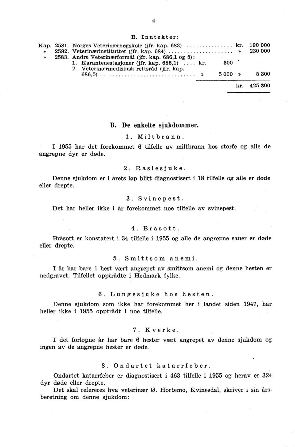 Denne sjukdm er i årets løp blitt diagnstisert i 8 tilfelle g alle er døde eller drepte.. Svinepest. Det har heller ikke i år frekmmet ne tilfelle av svinepest.. Bråstt.