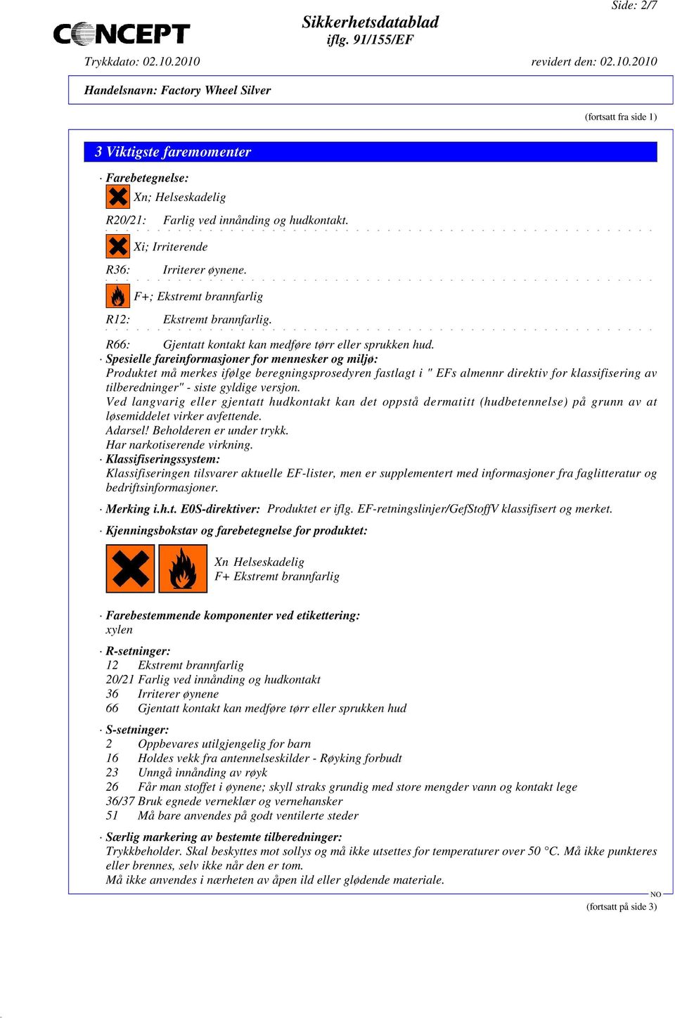 Spesielle fareinformasjoner for mennesker og miljø: Produktet må merkes ifølge beregningsprosedyren fastlagt i " EFs almennr direktiv for klassifisering av tilberedninger" - siste gyldige versjon.