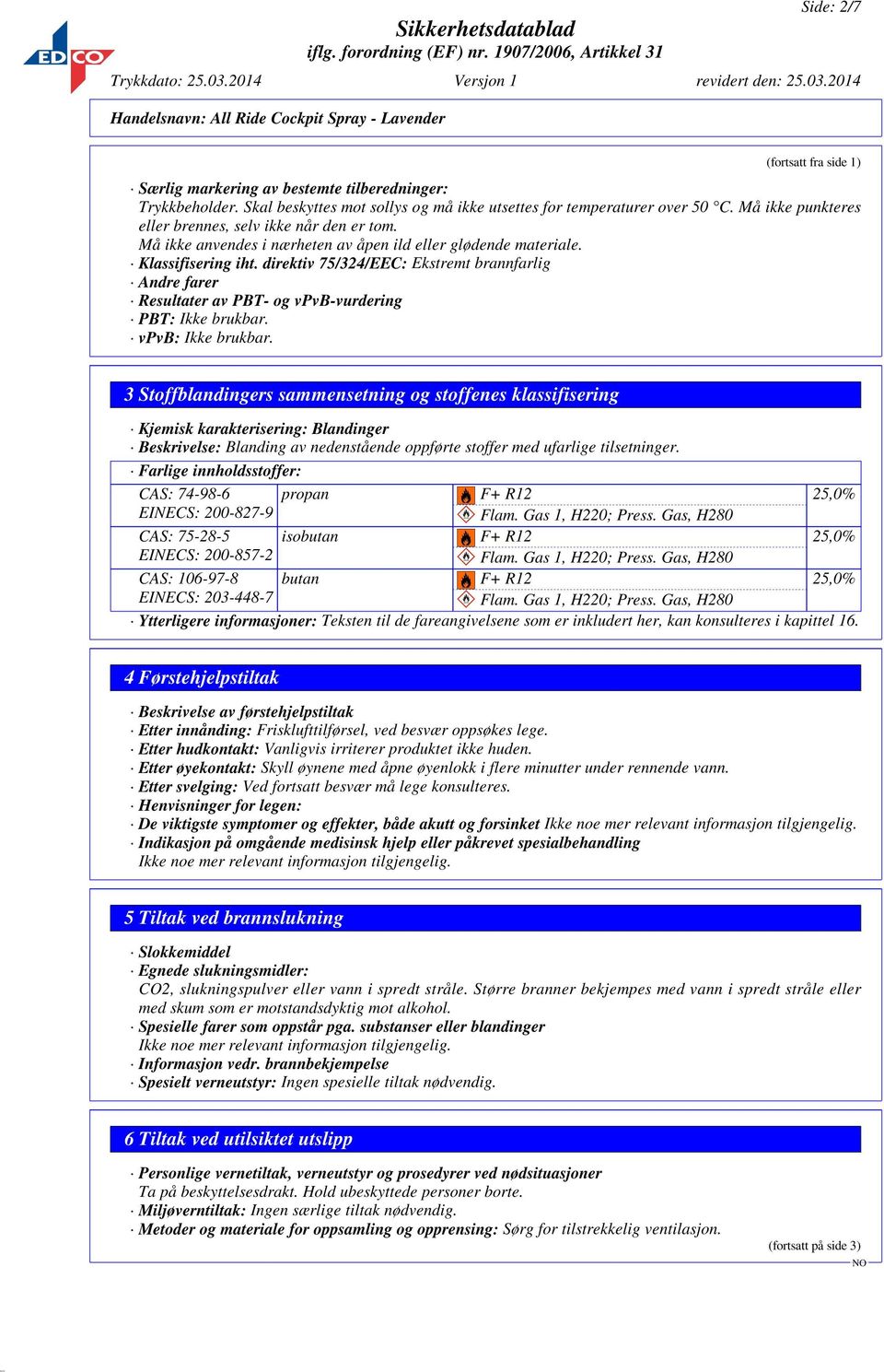 direktiv 75/324/EEC: Ekstremt brannfarlig Andre farer Resultater av PBT- og vpvb-vurdering PBT: Ikke brukbar. vpvb: Ikke brukbar.