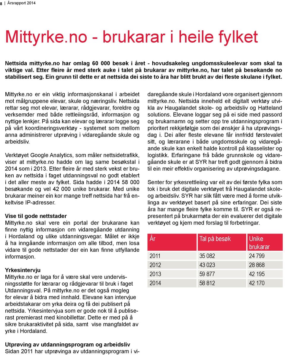 Ein grunn til dette er at nettsida dei siste to åra har blitt brukt av dei fleste skulane i fylket. Mittyrke.no er ein viktig informasjonskanal i arbeidet mot målgruppene elevar, skule og næringsliv.