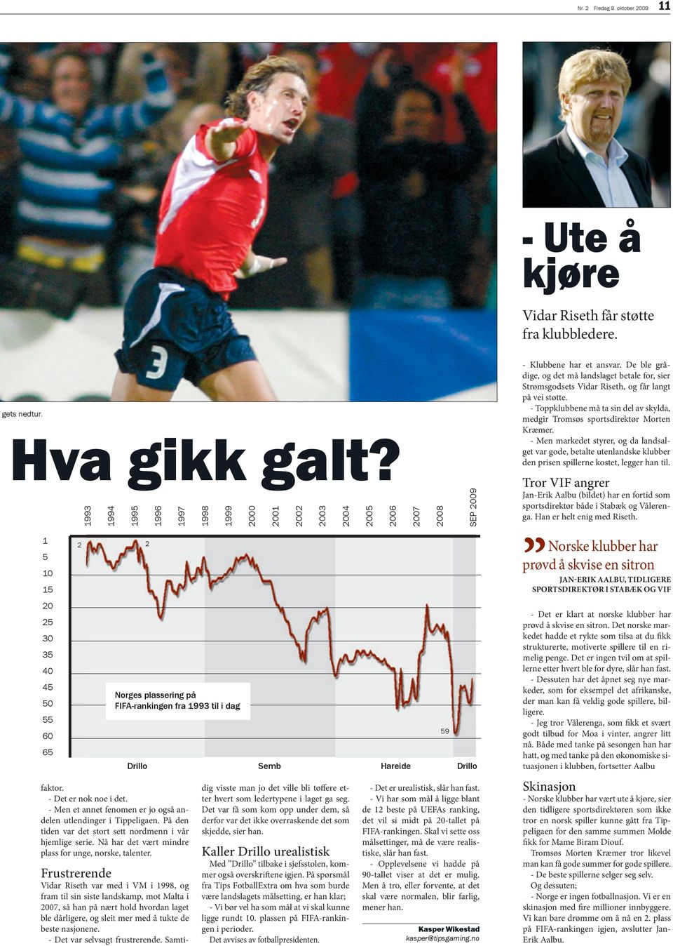 Frustrerende Vidar Riseth var med i VM i 998, og fram til sin siste landskamp, mot Malta i 007, så han på nært hold hvordan laget ble dårligere, og sleit mer med å tukte de beste nasjonene.