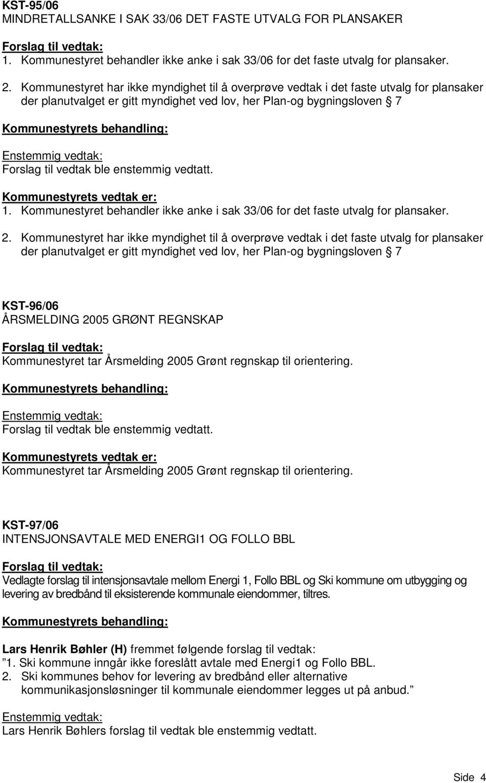 vedtatt. 1. Kommunestyret behandler ikke anke i sak 33/06 for det faste utvalg for plansaker. 2.