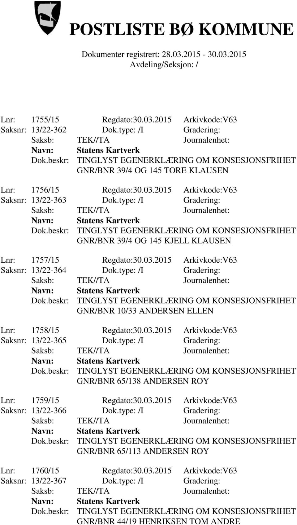 type: /I Gradering: GNR/BNR 10/33 ANDERSEN ELLEN Lnr: 1758/15 Regdato:30.03.2015 Arkivkode:V63 Saksnr: 13/22-365 Dok.