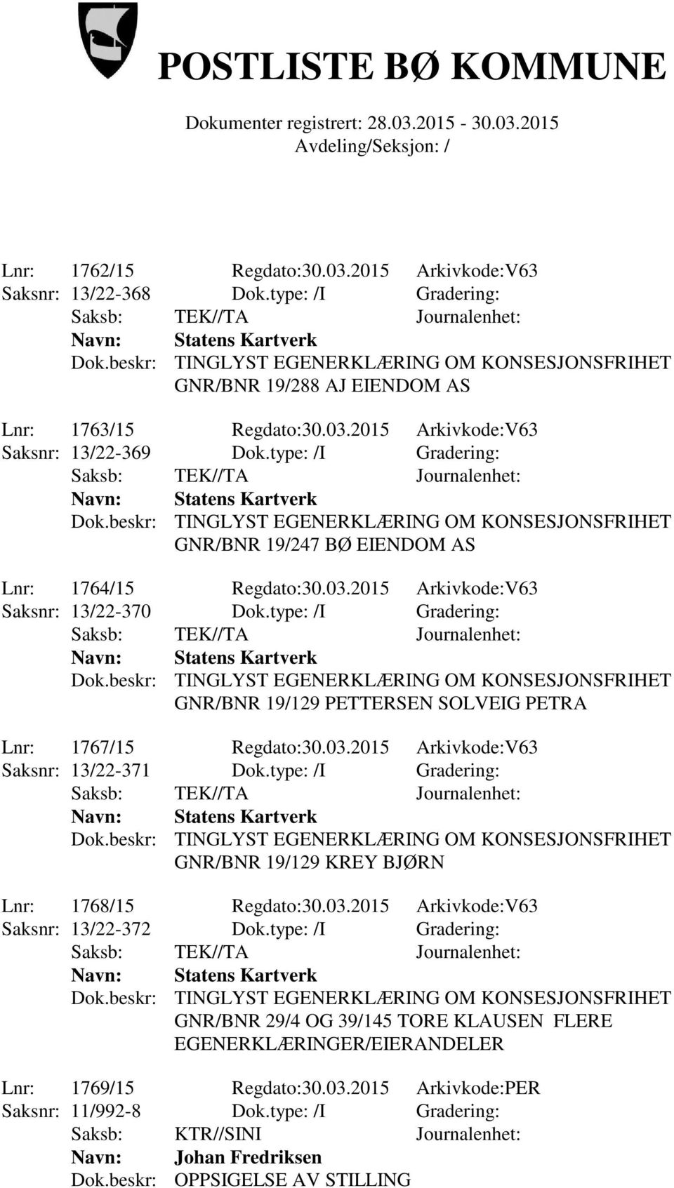 03.2015 Arkivkode:V63 Saksnr: 13/22-371 Dok.type: /I Gradering: GNR/BNR 19/129 KREY BJØRN Lnr: 1768/15 Regdato:30.03.2015 Arkivkode:V63 Saksnr: 13/22-372 Dok.