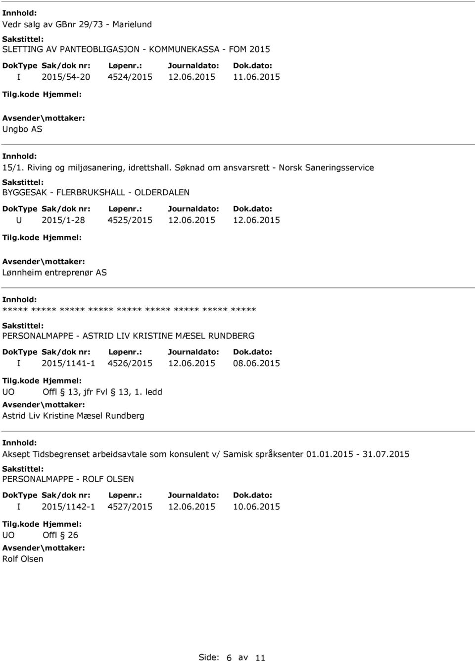 ***** ***** ***** ***** PERSONALMAPPE - ASTRD LV KRSTNE MÆSEL RNDBERG 2015/1141-1 4526/2015 08.06.