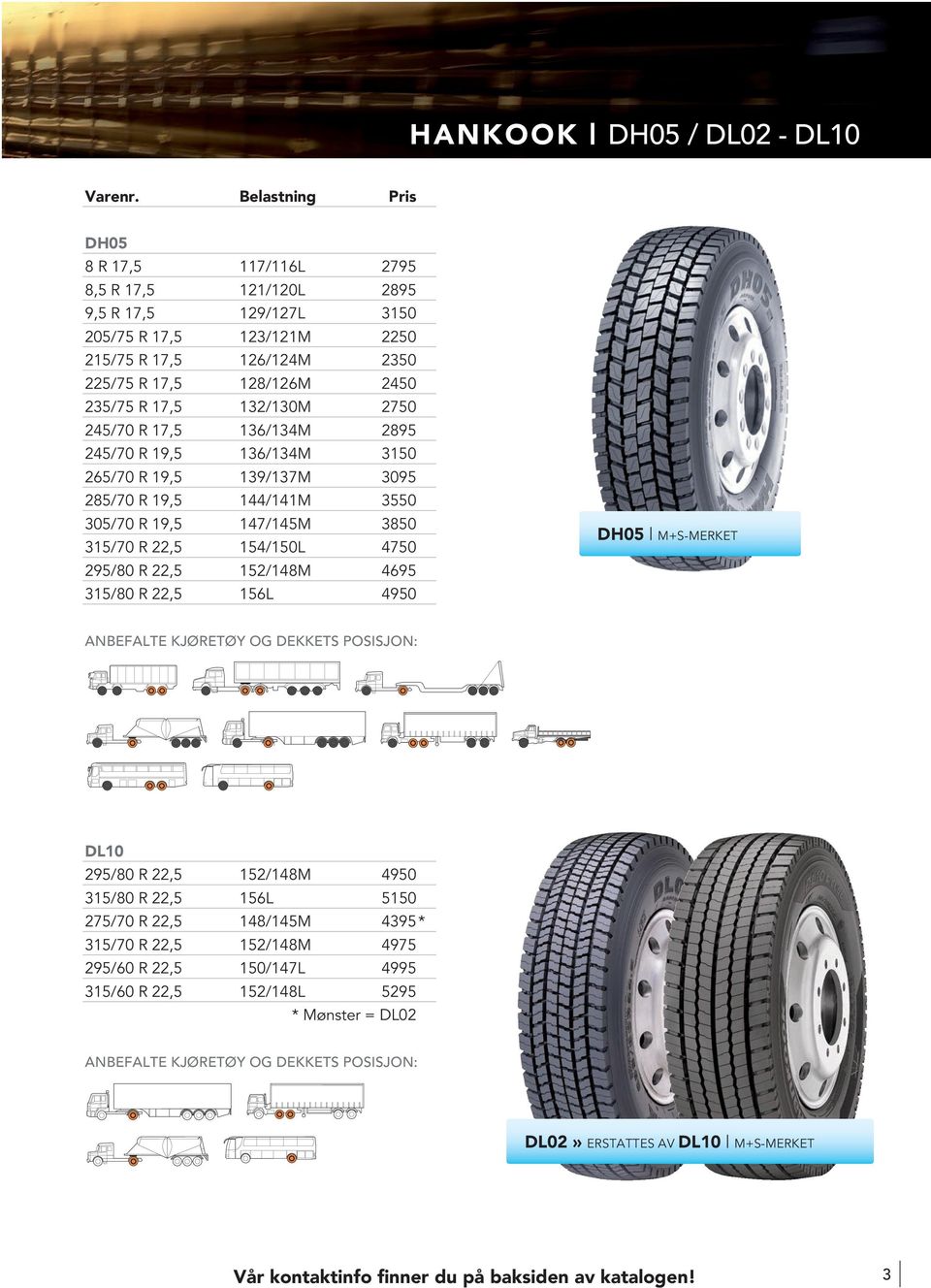 315/70 R 22,5 154/150L 4750 295/80 R 22,5 152/148M 4695 315/80 R 22,5 156L 4950 DH05 M+S-MERKET DL10 295/80 R 22,5 152/148M 4950 315/80 R 22,5 156L 5150 275/70 R 22,5 148/145M 4395 *