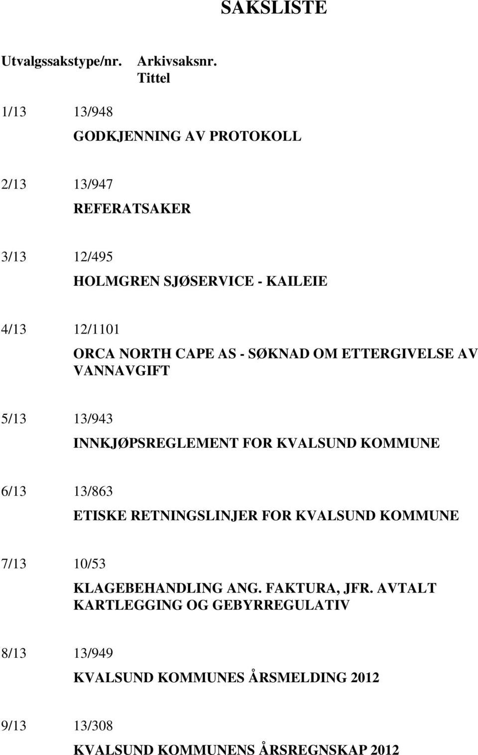 ORCA NORTH CAPE AS - SØKNAD OM ETTERGIVELSE AV VANNAVGIFT 5/13 13/943 INNKJØPSREGLEMENT FOR KVALSUND KOMMUNE 6/13 13/863