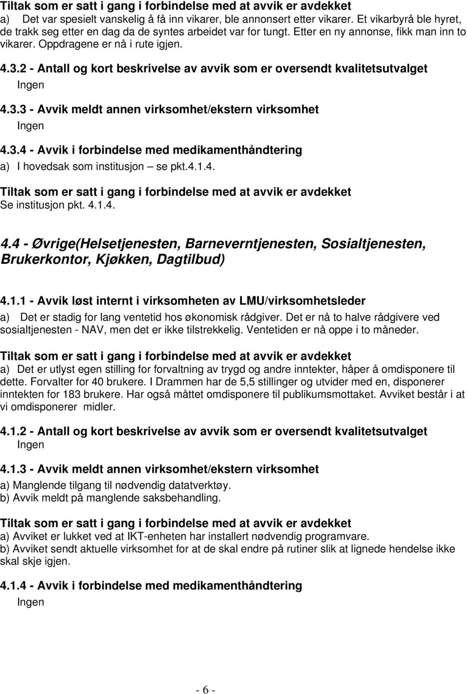 2 - Antall og kort beskrivelse av avvik som er oversendt kvalitetsutvalget Ingen 4.3.3 - Avvik meldt annen virksomhet/ekstern virksomhet Ingen 4.3.4 - Avvik i forbindelse med medikamenthåndtering a) I hovedsak som institusjon se pkt.