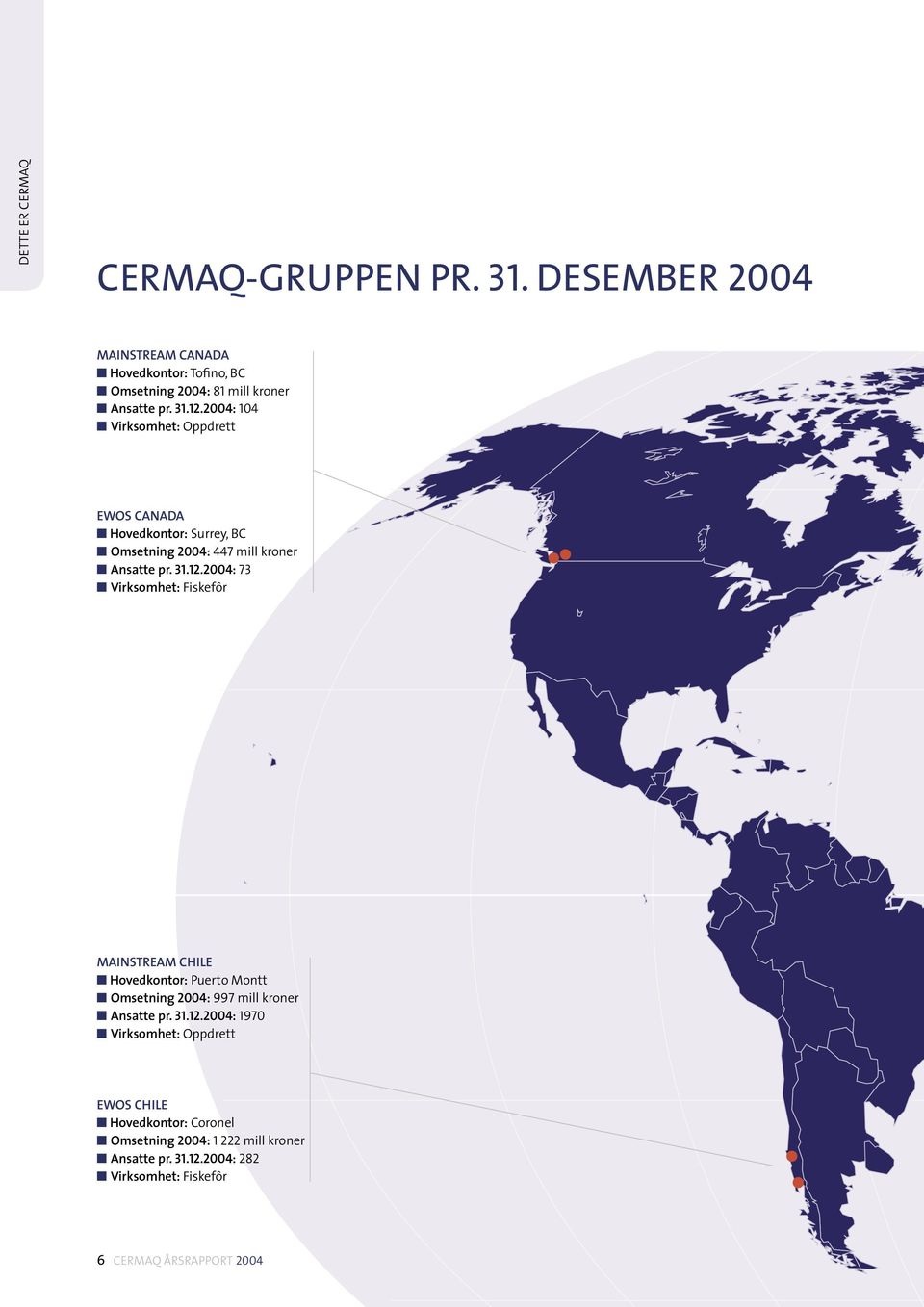 31.12.2004: 1970 Virksomhet: Oppdrett EWOS CHILE Hovedkontor: Coronel Omsetning 2004: 1 222 mill kroner Ansatte pr. 31.12.2004: 282 Virksomhet: Fiskefôr 6 CERMAQ ÅRSRAPPORT 2004