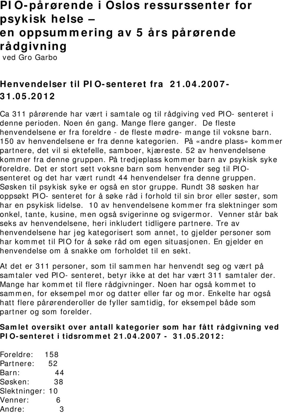 De fleste henvendelsene er fra foreldre - de fleste mødre- mange til voksne barn. 150 av henvendelsene er fra denne kategorien.