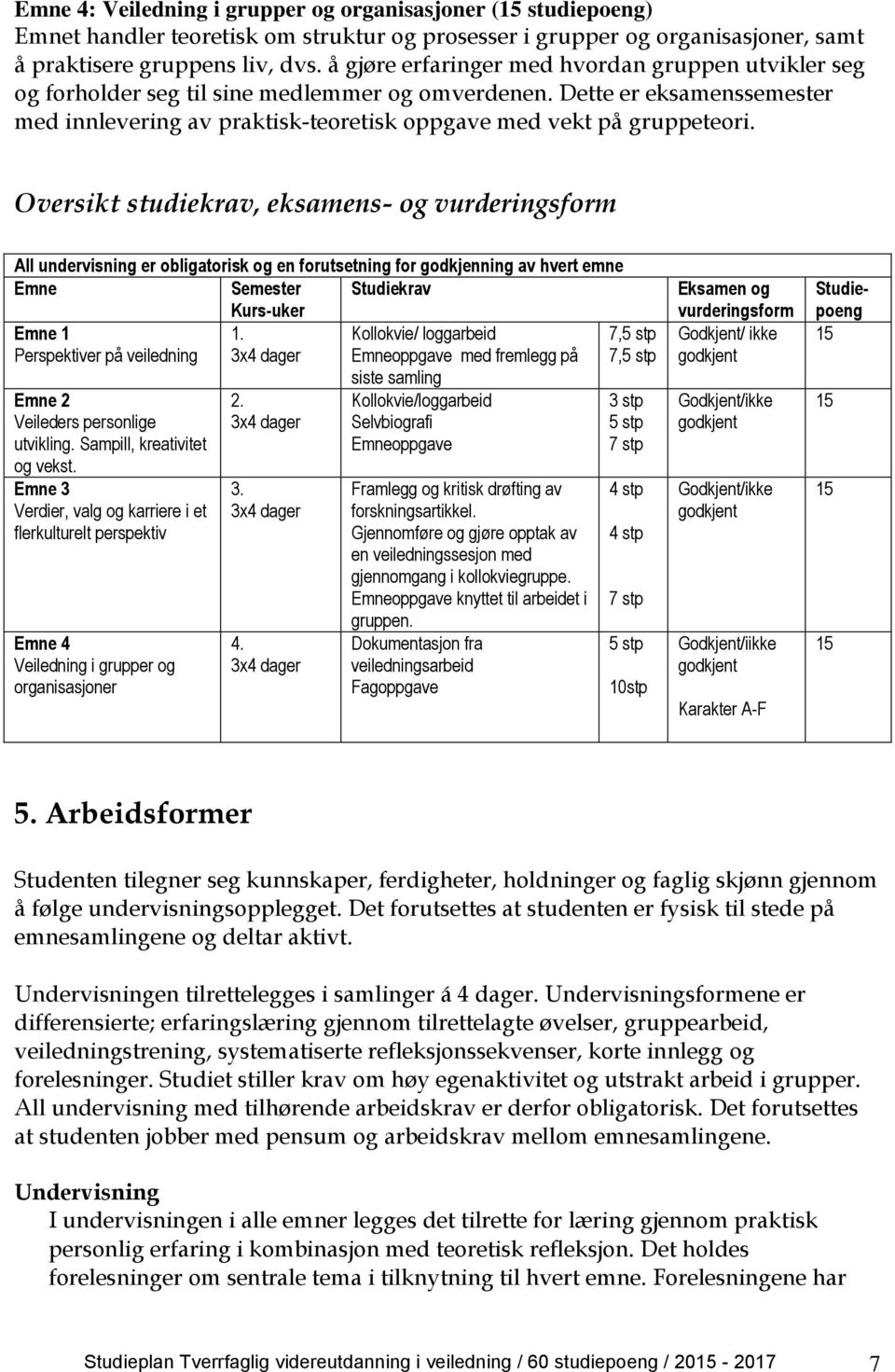 Oversikt studiekrav, eksamens- og vurderingsform All undervisning er obligatorisk og en forutsetning for godkjenning av hvert emne Emne Semester Kurs-uker Studiekrav Emne 1 1.