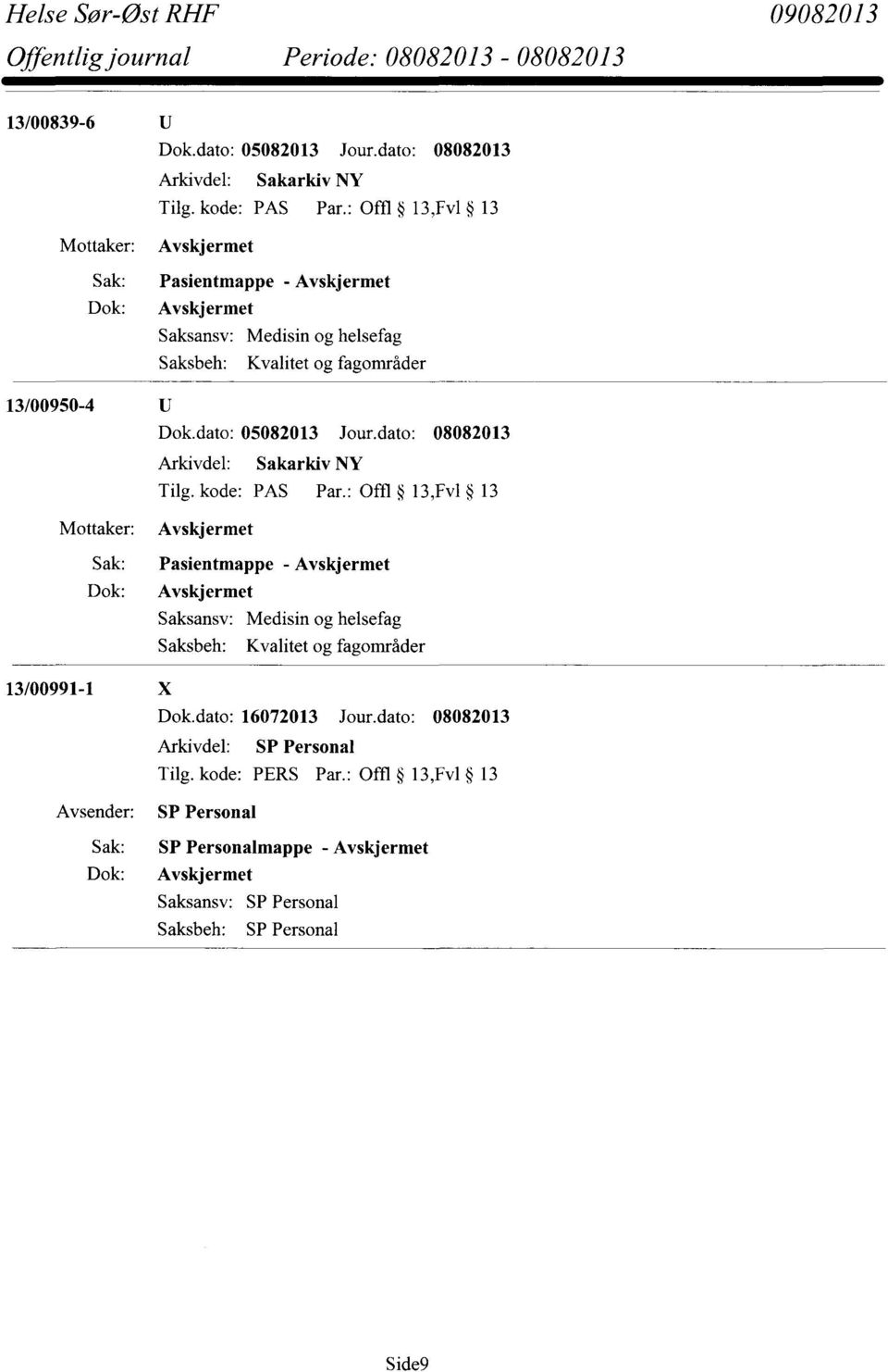 kode: PAS Par.: Offl 13,Fv1 13 Avskjermet Sak: Pasientmappe - Avskjermet Dok: Avskjermet 13/00991-1 X Dok.