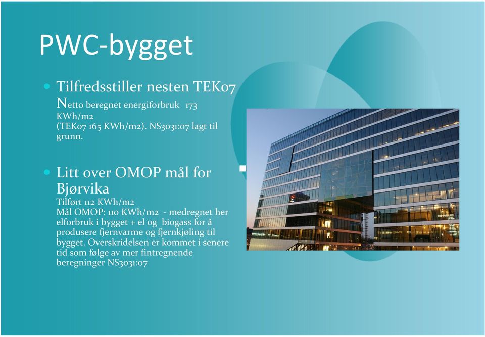 Litt over OMOP mål for Bjørvika Tilført 112 KWh/m2 Mål OMOP: 110 KWh/m2 medregnet her elforbruk i