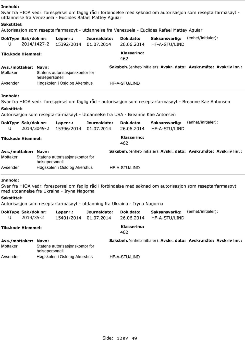 Venezuela - Euclides Rafael Mattey Aguiar 2014/1427-2 15392/2014 HF-A-ST/LND 462 Mottaker Statens autorisasjonskontor for helsepersonell Høgskolen i Oslo og Akershus HF-A-ST/LND  forespørsel om