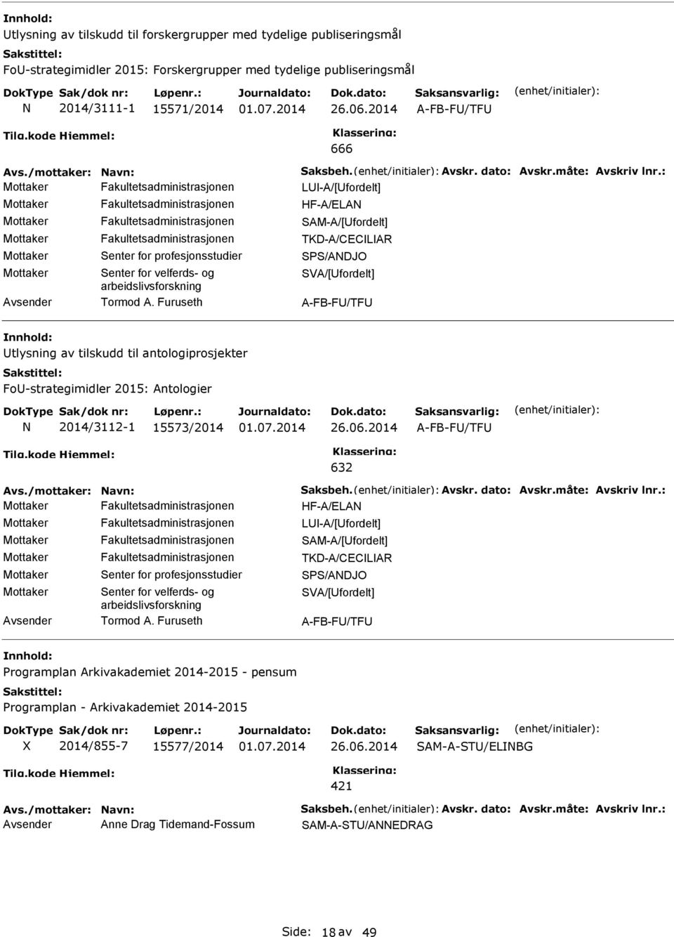 for profesjonsstudier SPS/ANDJO Mottaker Senter for velferds- og SVA/[fordelt] arbeidslivsforskning Tormod A.