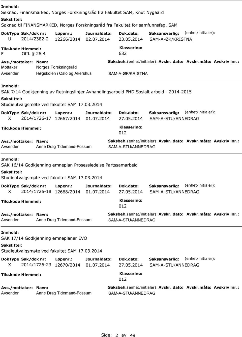 4 632 Mottaker Norges Forskningsråd Høgskolen i Oslo og Akershus SAM-A-ØK/KRSTNA SAK 7/14 Godkjenning av Retningslinjer Avhandlingsarbeid PHD Sosialt arbeid - 2014-2015 Studieutvalgsmøte ved fakultet