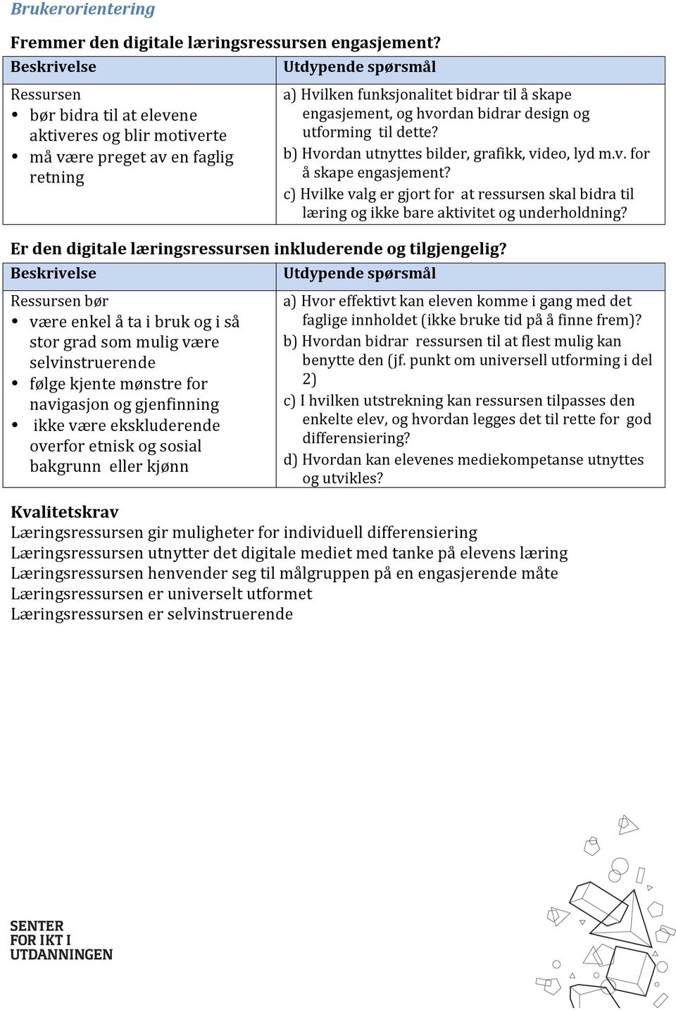 dette? b) Hvordan utnyttes bilder, grafikk, video, lyd m.v. for å skape engasjement? c) Hvilke valg er gjort for at ressursen skal bidra til læring og ikke bare aktivitet og underholdning?