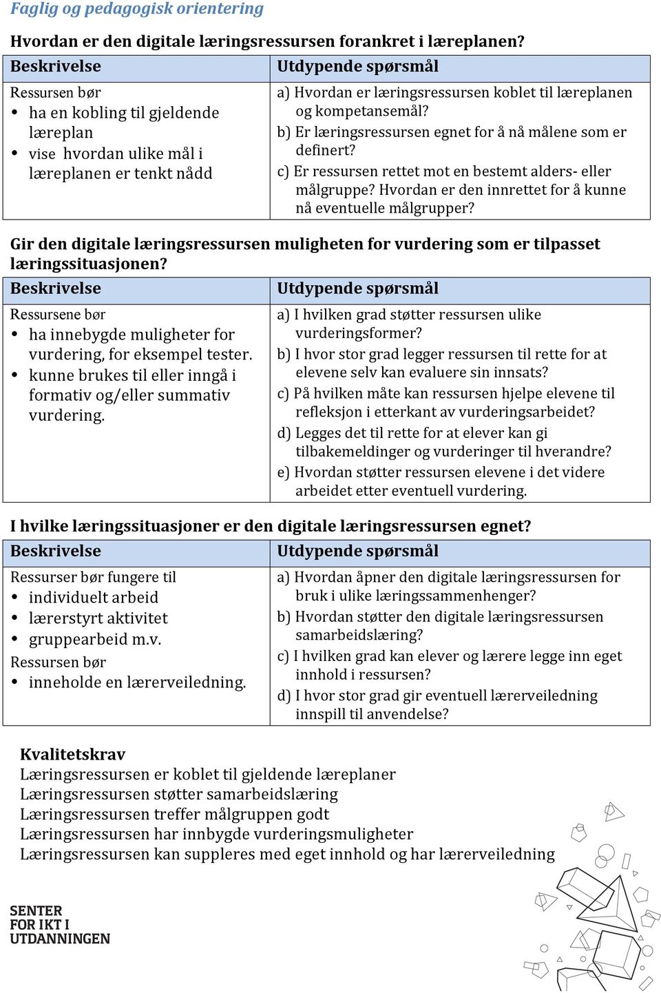 b) Er læringsressursen egnet for å nå målene som er definert? c) Er ressursen rettet mot en bestemt alders- eller målgruppe? Hvordan er den innrettet for å kunne nå eventuelle målgrupper?