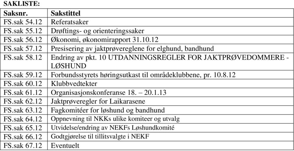 12 Forbundsstyrets høringsutkast til områdeklubbene, pr. 10.8.12 FS.sak 60.12 Klubbvedtekter FS.sak 61.12 Organisasjonskonferanse 18. 20.1.13 FS.sak 62.