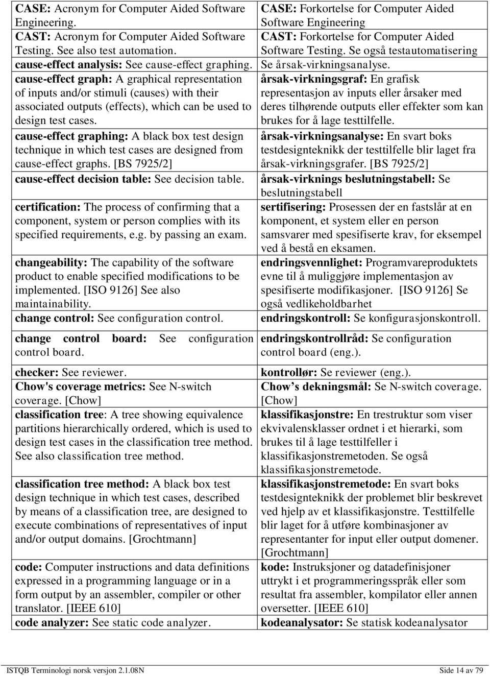 cause-effect graph: A graphical representation årsak-virkningsgraf: En grafisk of inputs and/or stimuli (causes) with their representasjon av inputs eller årsaker med associated outputs (effects),