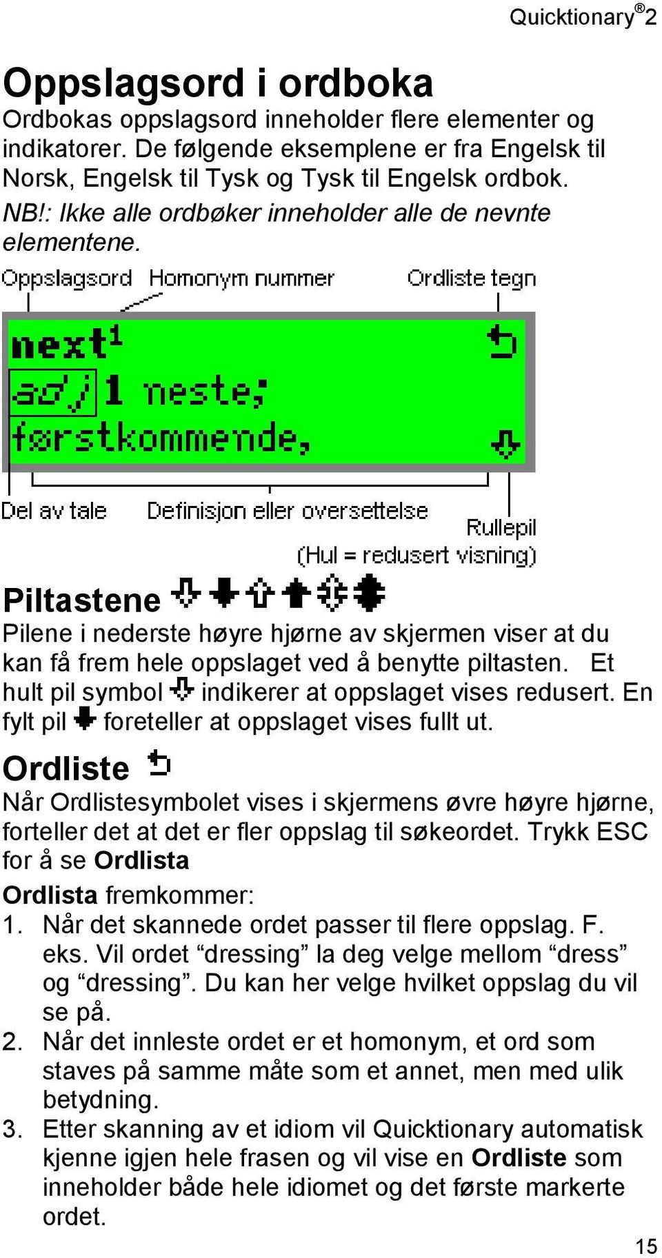 Et hult pil symbol indikerer at oppslaget vises redusert. En fylt pil foreteller at oppslaget vises fullt ut.