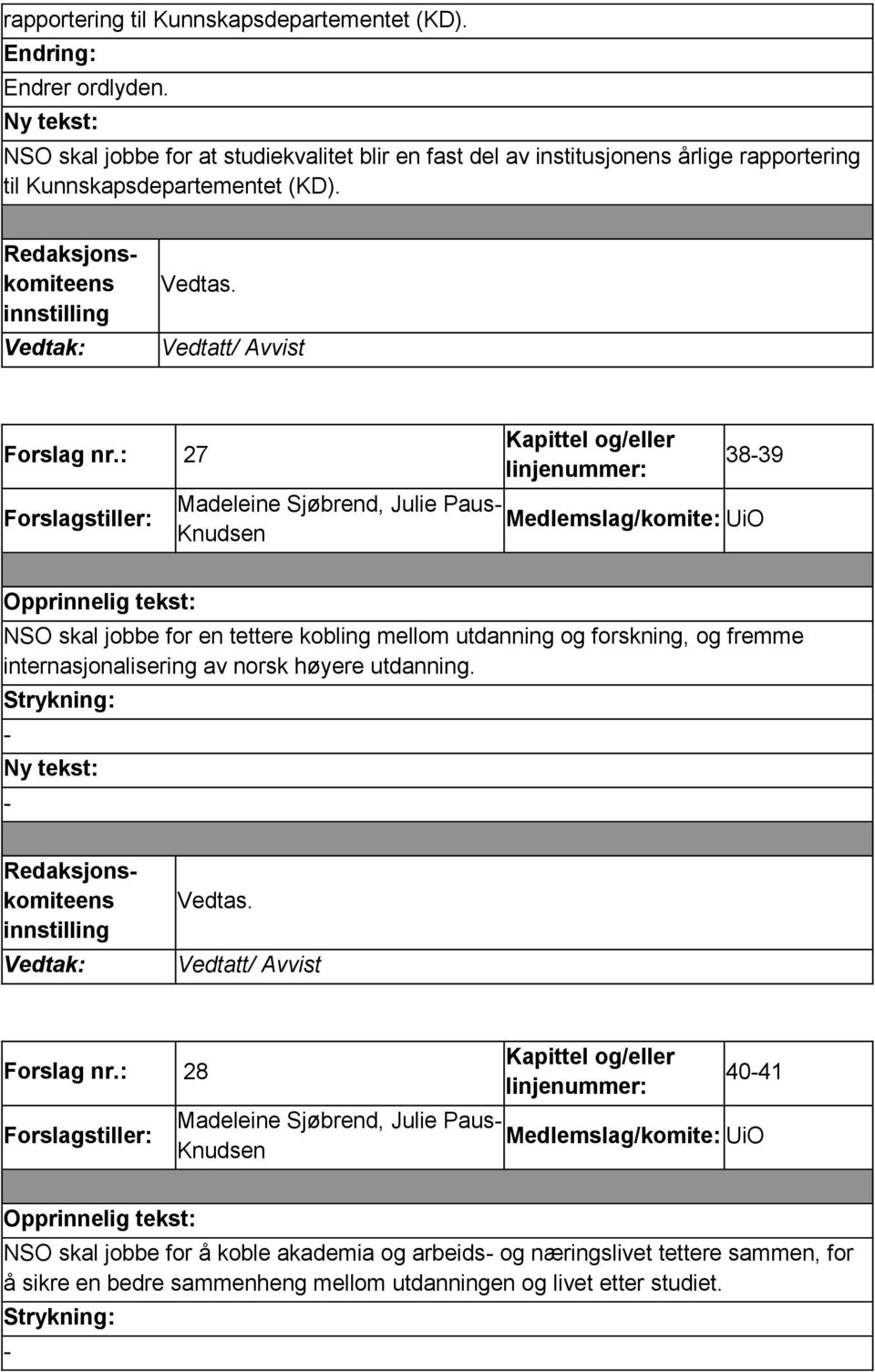 : 27 3839 Madeleine Sjøbrend, Julie Paus Medlemslag/komite: UiO Knudsen NSO skal jobbe for en tettere kobling mellom utdanning og forskning, og fremme