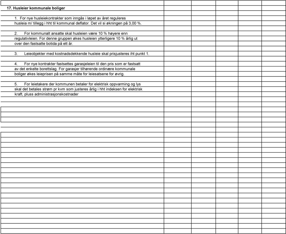 Leieobjekter med kostnadsdekkende husleie skal prisjusteres iht punkt 1. 4. For nye kontrakter fastsettes garasjeleien til den pris som er fastsatt av det enkelte borettslag.