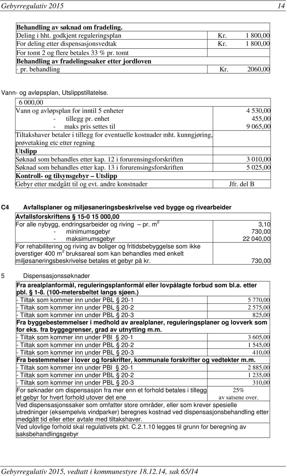 enhet - maks pris settes til 4 530,00 455,00 9 065,00 Tiltakshaver betaler i tillegg for eventuelle kostnader mht. kunngjøring, prøvetaking etc etter regning Utslipp Søknad som behandles etter kap.