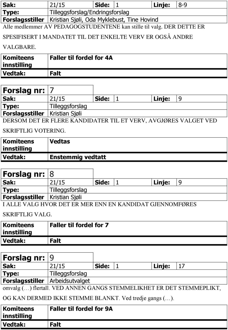 Forslag nr: 7 Faller til fordel for 4A Falt Sak: 21/15 Side: 1 Linje: 9 Tilleggsforslag Forslagsstiller Kristian Sjøli DERSOM DET ER FLERE KANDIDATER TIL ET VERV, AVGJØRES VALGET VED SKRIFTLIG