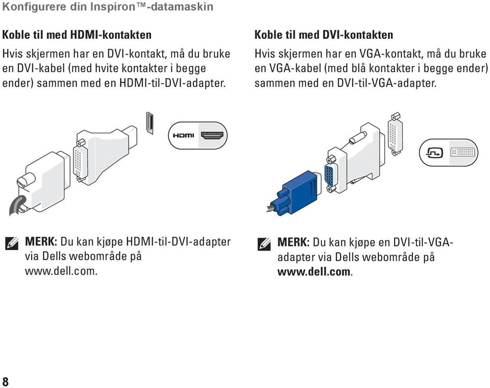 Koble til med DVI-kontakten Hvis skjermen har en VGA-kontakt, må du bruke en VGA-kabel (med blå kontakter i begge ender) sammen