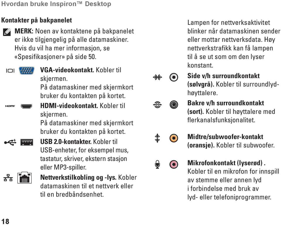 Kobler til skjermen. På datamaskiner med skjermkort bruker du kontakten på kortet. USB 2.0-kontakter. Kobler til USB-enheter, for eksempel mus, tastatur, skriver, ekstern stasjon eller MP3-spiller.