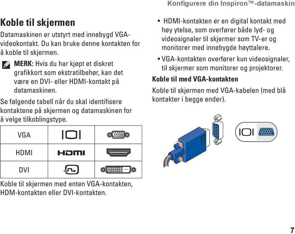 Se følgende tabell når du skal identifisere kontaktene på skjermen og datamaskinen for å velge tilkoblingstype.