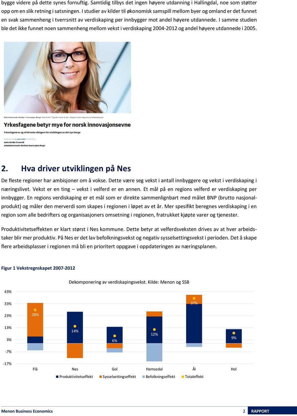 I samme studien ble det ikke funnet noen sammenheng mellom vekst i verdiskaping 2004-2012 og andel høyere utdannede i 2005. 2. Hva driver utviklingen på Nes De fleste regioner har ambisjoner om å vokse.