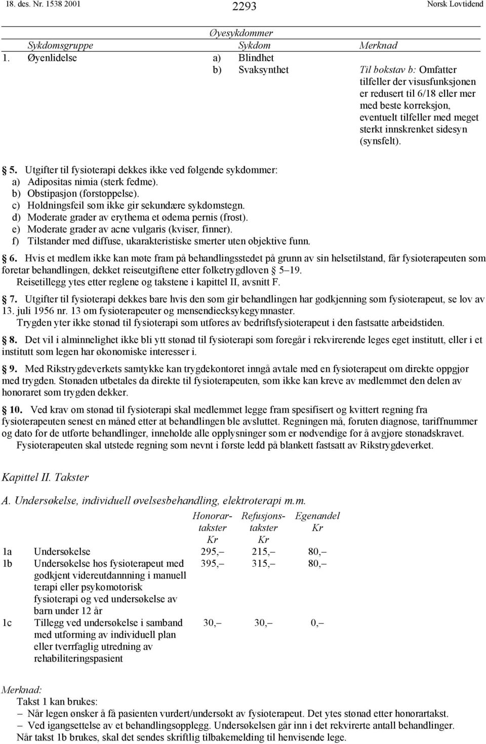 sidesyn (synsfelt). 5. Utgifter til fysioterapi dekkes ikke ved følgende sykdommer: a) Adipositas nimia (sterk fedme). b) Obstipasjon (forstoppelse).