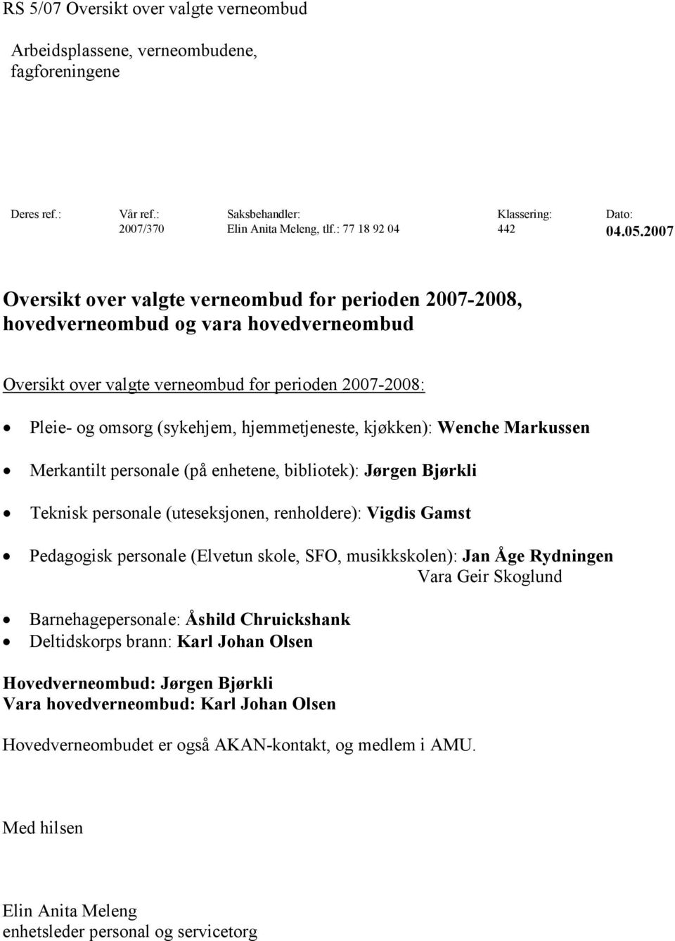 hjemmetjeneste, kjøkken): Wenche Markussen Merkantilt personale (på enhetene, bibliotek): Jørgen Bjørkli Teknisk personale (uteseksjonen, renholdere): Vigdis Gamst Pedagogisk personale (Elvetun