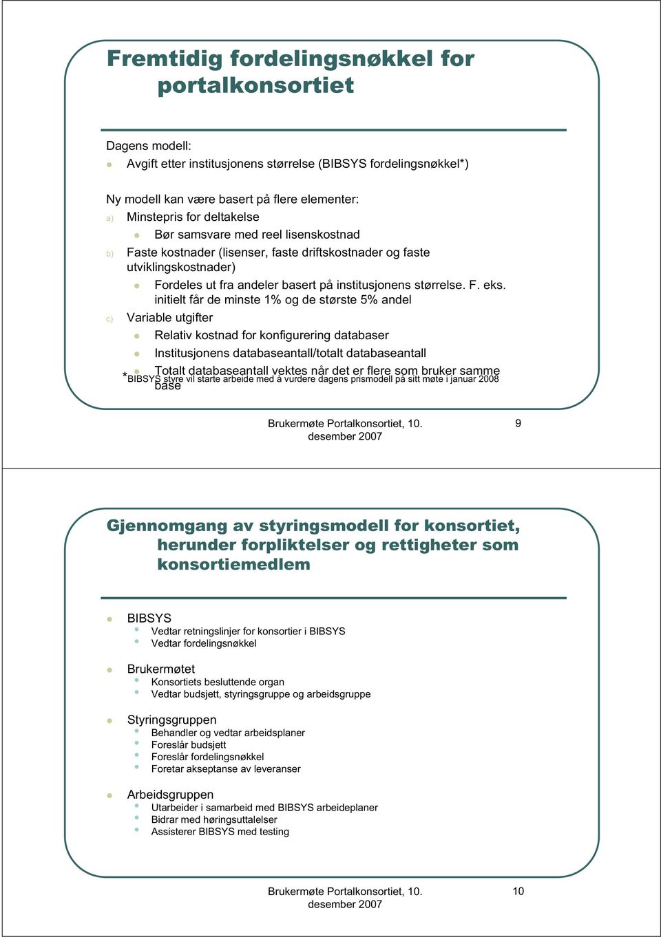 initielt får de minste 1% og de største 5% andel c) Variable utgifter Relativ kostnad for konfigurering databaser Institusjonens databaseantall/totalt databaseantall Totalt databaseantall vektes når