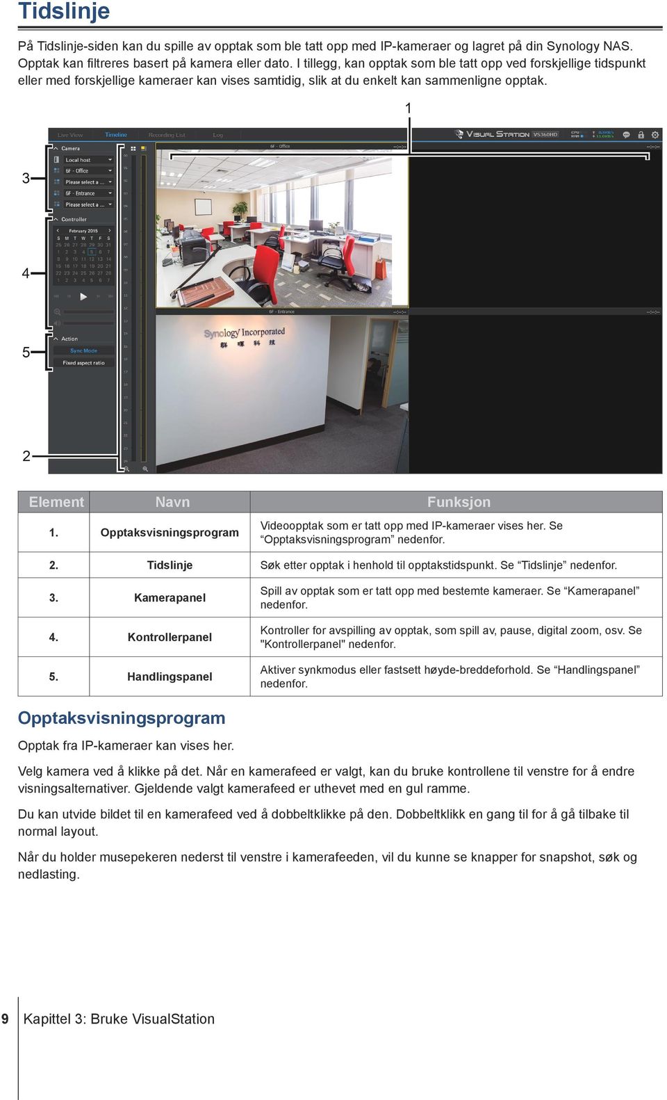 Opptaksvisningsprogram Videoopptak som er tatt opp med IP-kameraer vises her. Se Opptaksvisningsprogram nedenfor. 2. Tidslinje Søk etter opptak i henhold til opptakstidspunkt. Se Tidslinje nedenfor.