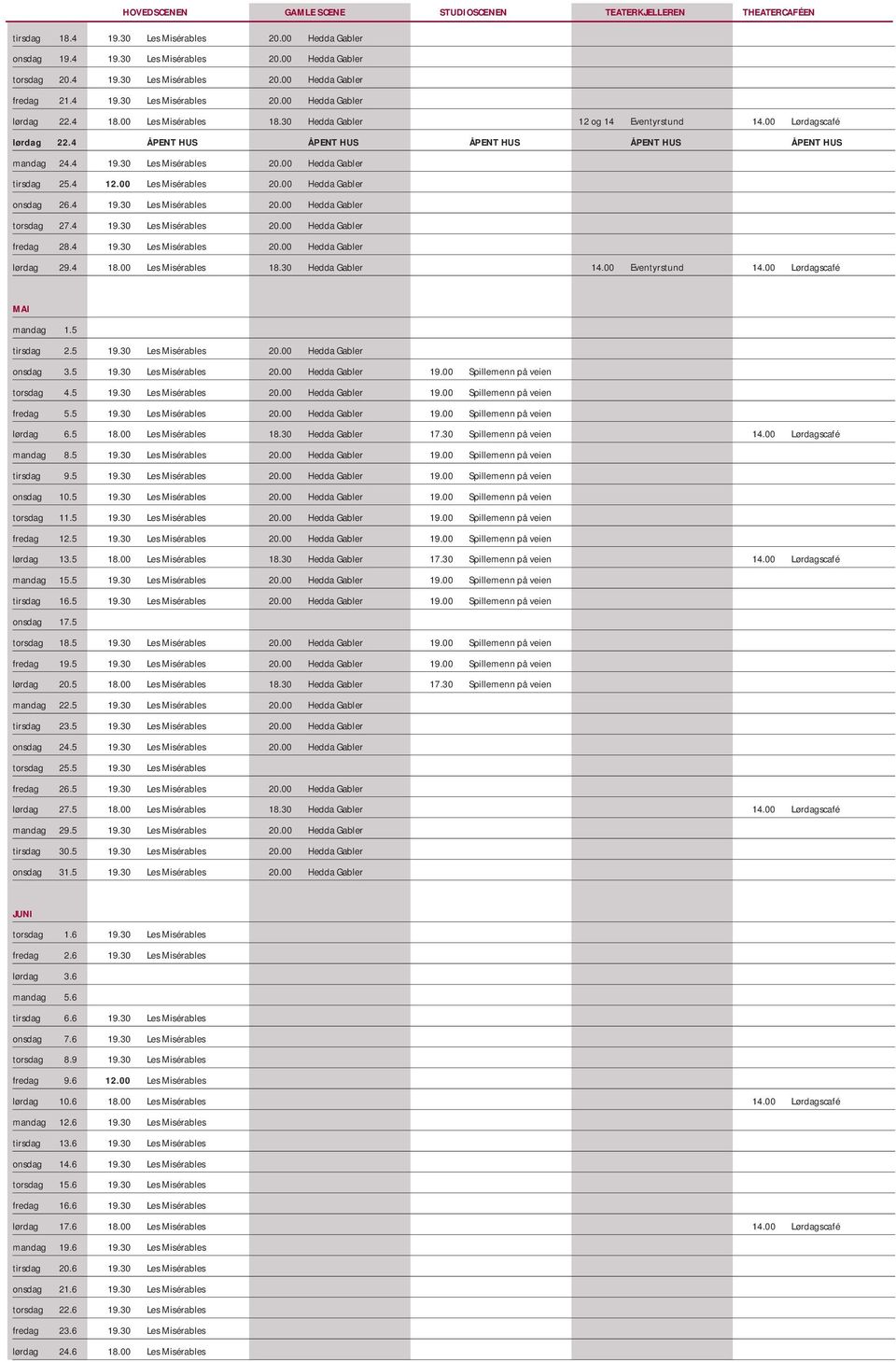 4 ÅPENT HUS ÅPENT HUS ÅPENT HUS ÅPENT HUS ÅPENT HUS mandag 24.4 19.30 Les Misérables 20.00 Hedda Gabler tirsdag 25.4 12.00 Les Misérables 20.00 Hedda Gabler onsdag 26.4 19.30 Les Misérables 20.00 Hedda Gabler torsdag 27.