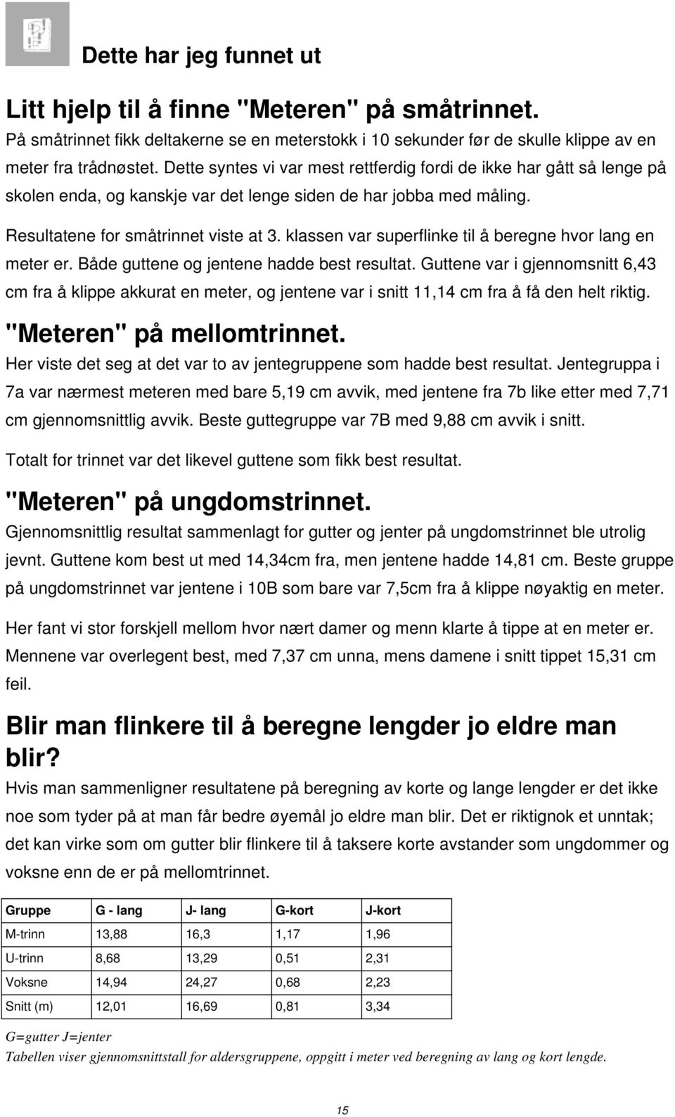 klassen var superflinke til å beregne hvor lang en meter er. Både guttene og jentene hadde best resultat.