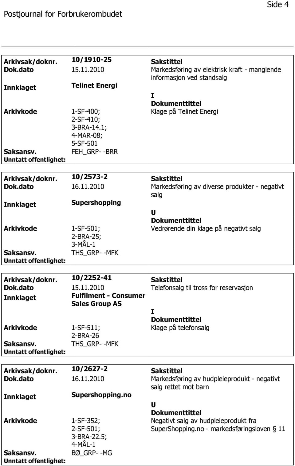 2010 Markedsføring av diverse produkter - negativt salg Supershopping 1-SF-501; ; 3-MÅL-1 THS_GRP- -MFK Vedrørende din klage på negativt salg Arkivsak/doknr. 10/2252-41 Sakstittel Dok.dato 15.11.