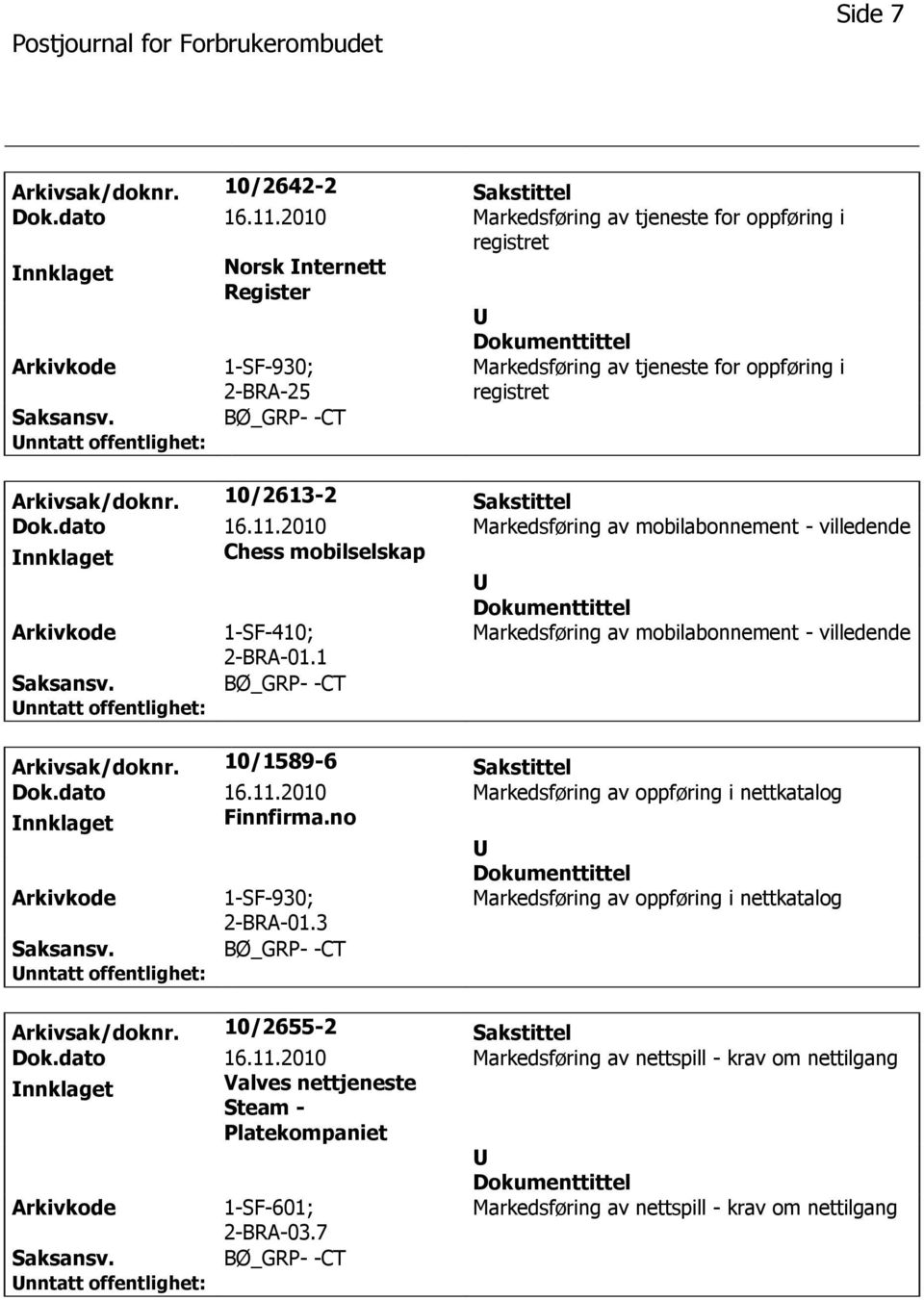 11.2010 Markedsføring av mobilabonnement - villedende Chess mobilselskap Markedsføring av mobilabonnement - villedende 2-BRA-01.1 Arkivsak/doknr. 10/1589-6 Sakstittel Dok.dato 16.11.2010 Markedsføring av oppføring i nettkatalog Finnfirma.