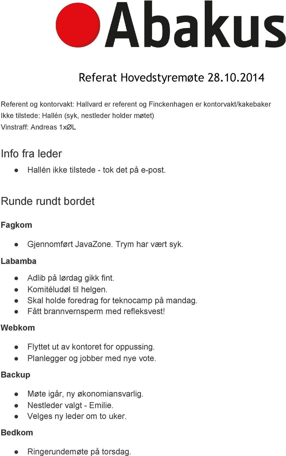 Info fra leder Hallén ikke tilstede tok det på e post. Runde rundt bordet Fagkom Gjennomført JavaZone. Trym har vært syk. Labamba Adlib på lørdag gikk fint.