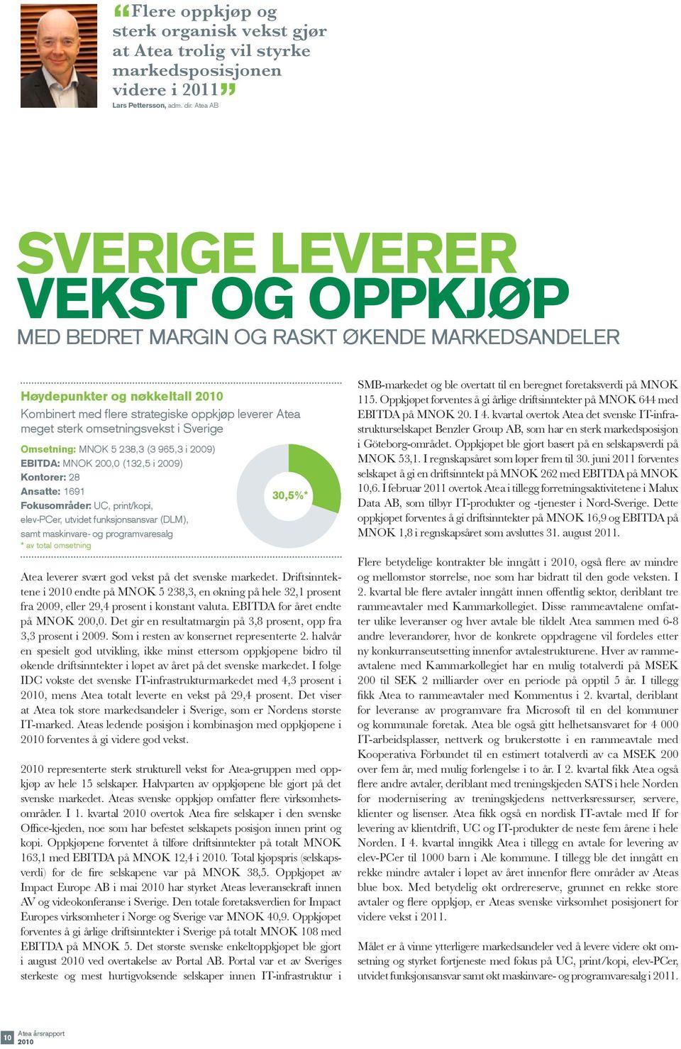 Sverige Omsetning: MNOK 5 238,3 (3 965,3 i 2009) EBITDA: MNOK 200,0 (132,5 i 2009) Kontorer: 28 Ansatte: 1691 Fokusområder: UC, print/kopi, elev-pcer, utvidet funksjonsansvar (DLM), samt maskinvare-