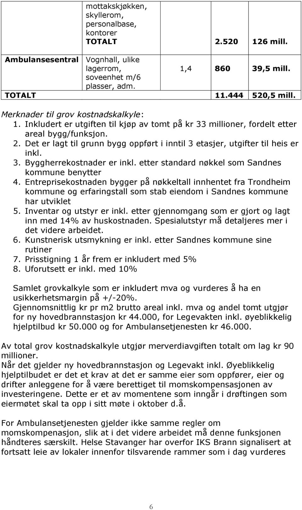 Det er lagt til grunn bygg oppført i inntil 3 etasjer, utgifter til heis er inkl. 3. Byggherrekostnader er inkl. etter standard nøkkel som Sandnes kommune benytter 4.