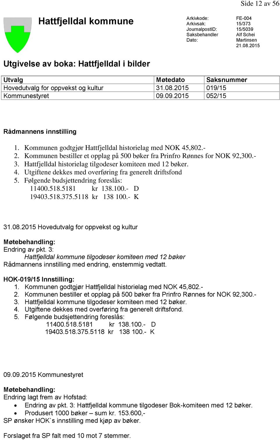 Kommunen godtgjør Hattfjelldal historielag med NOK 45,802.- 2. Kommunen bestiller et opplag på 500 bøker fra Prinfro Rønnes for NOK 92,300.- 3.