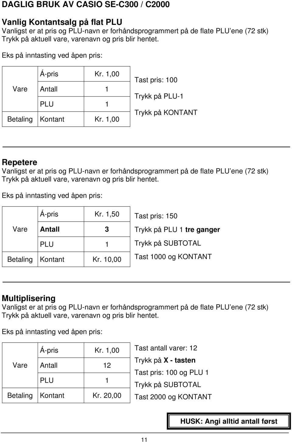 1,00 Tast pris: 100 Trykk på PLU-1 Trykk på KONTANT Repetere Vanligst er at pris og PLU-navn er forhåndsprogrammert på de flate PLU ene (72 stk) Trykk på aktuell vare, varenavn og pris blir hentet.