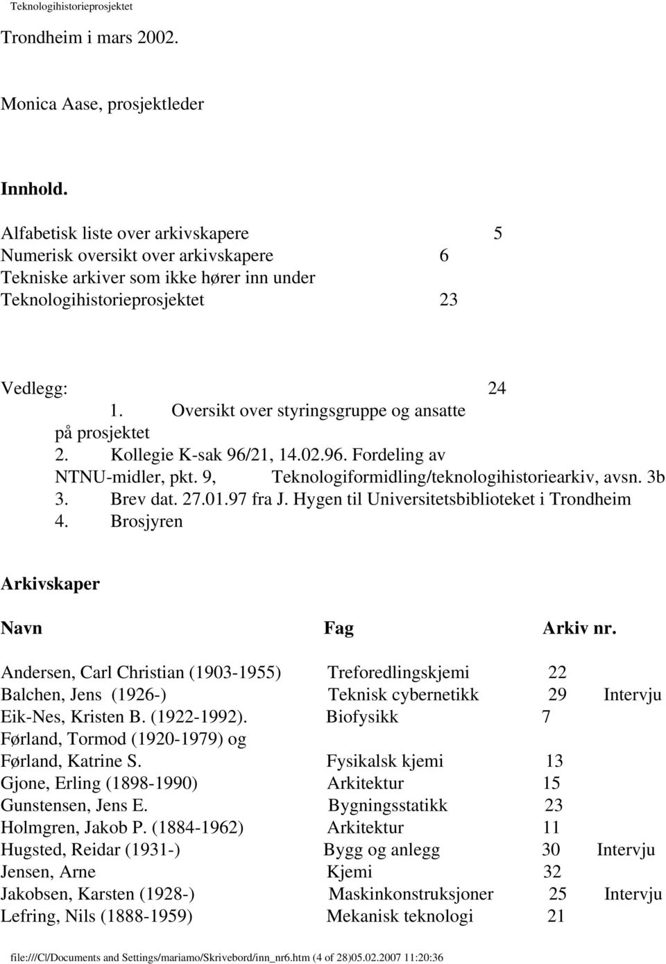 Oversikt over styringsgruppe og ansatte på prosjektet 2. Kollegie K-sak 96/21, 14.02.96. Fordeling av NTNU-midler, pkt. 9, Teknologiformidling/teknologihistoriearkiv, avsn. 3b 3. Brev dat. 27.01.