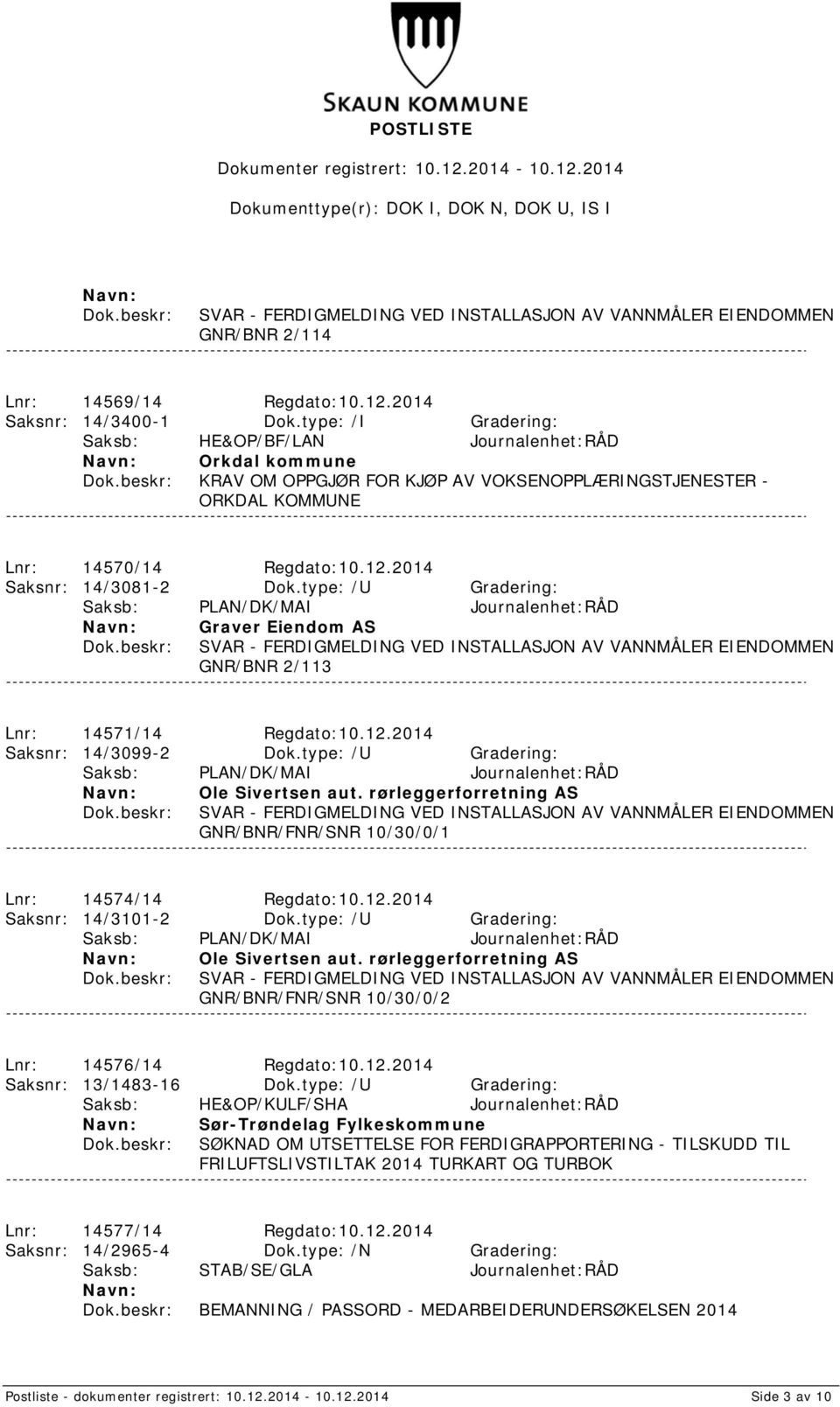 type: /U Gradering: Graver Eiendom AS GNR/BNR 2/113 Lnr: 14571/14 Regdato:10.12.2014 Saksnr: 14/3099-2 Dok.type: /U Gradering: GNR/BNR/FNR/SNR 10/30/0/1 Lnr: 14574/14 Regdato:10.12.2014 Saksnr: 14/3101-2 Dok.